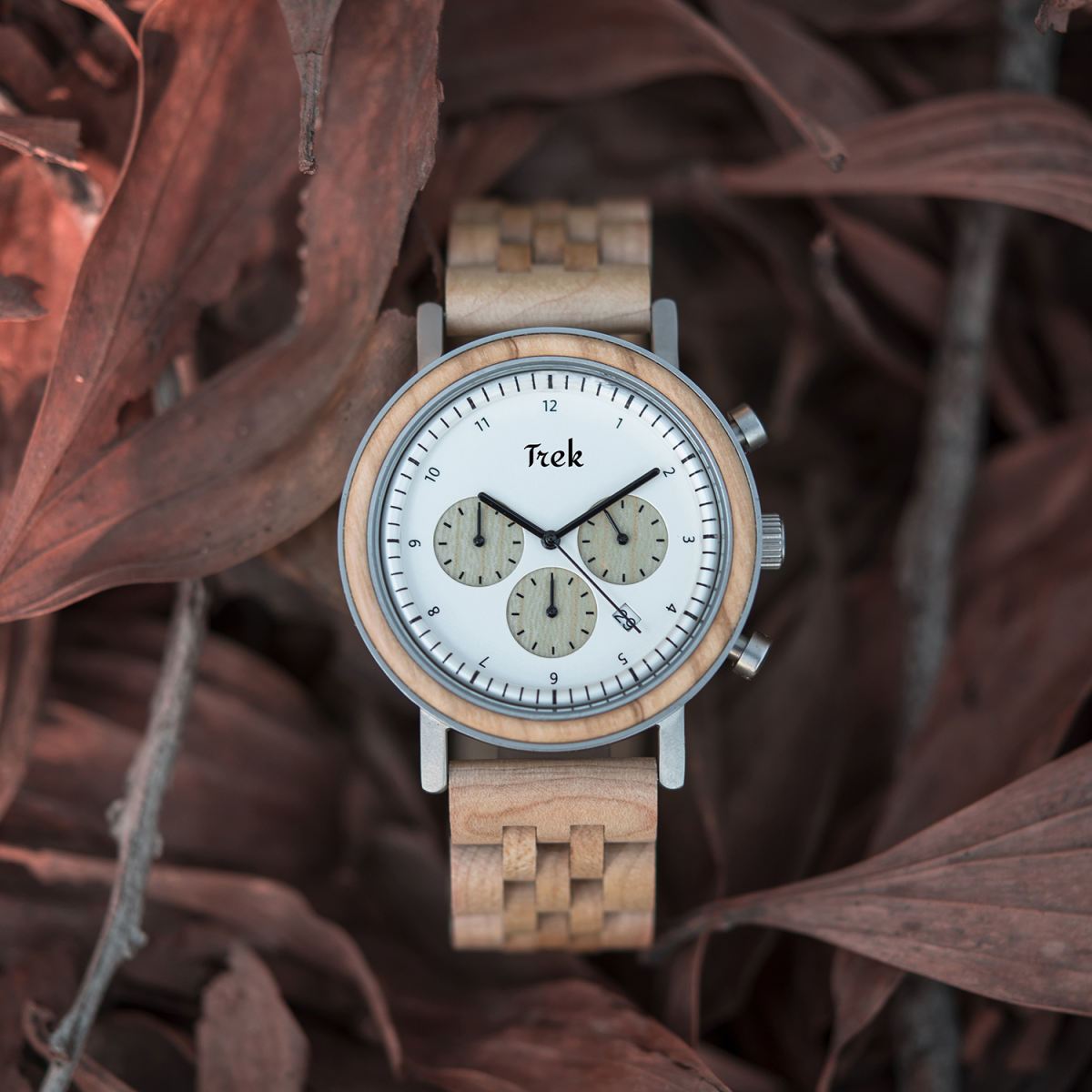 Darwin Wood Watch Ash White in Leaves | Trek Wood Watches 